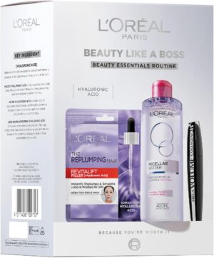 L'Oréal Paris Beauty Like A Boss Gift Set - Revitalift Filler Hyaluronic Acid Mask, Micellar Water & Mega Volume Mascara Brush
