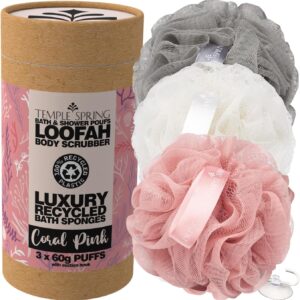 Temple Spring Loofah Shower Sponge, Recycled Body Scrubber Scrunchies, Exfoliating Bath Sponge, Shower Puff Bath Sponges for Adults, Loofah Back Scrubber Pouffe, Loofa Body Scrub Exfoliator Coral Pink