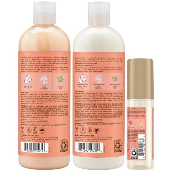 Shea Moisture Shampoo & Conditioner Set + Smooth & Shine Oil Gift Set – Coconut & Hibiscus Curl & Shine, Anti-Frizz Products for Curly Hair (3 Piece Set)