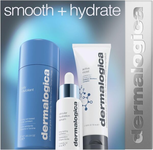 Dermalogica Smooth and Hydrate Gift Set, Full-Size Daily Milkfoliant 74g, Circular Hydration Serum 30ml, Active Moist Moisturiser 50ml, Skincare Set, Pack of 3