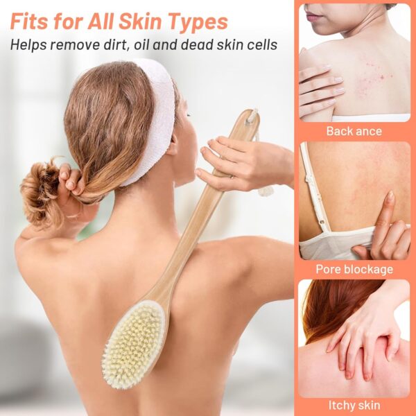 Alyvisun Wooden Back Scrubber for Shower with Long Handle, Dual-Sided Bath Brush Body Scrubber with Stiff and Soft Bristles, Exfoliating Body Brush [Dry and Wet Brushing]