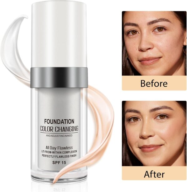 2PC Colour Changing Foundation, Warm Skin Tone Foundation, Face Cover Concealer Cream, Moisturizing Liquid Foundation Makeup Base, Waterproof Poreless Foundation SPF15