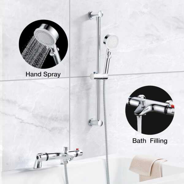 Thermostatic Bath Shower Mixer Tap with Shower Riser Kit, Modern Bath Taps with Shower Set, Include Deck Mounted Thermostatic Bar, Shower Rail, Shower Head, Shower Hose, 38°C Anti Scald, Chrome