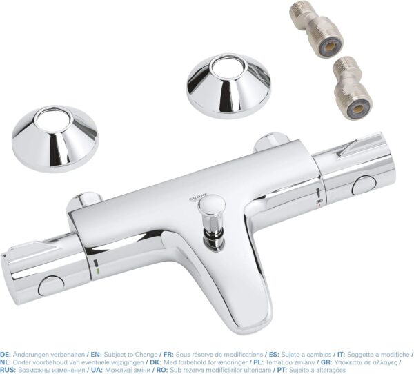 GROHE Grohtherm 800 - Wall Mounted Exposed Bath Thermostat (Automatic Bath/Shower Diverter, Safety Button at 38°C, Built-In Non-Return Valves), Chrome, 34569000