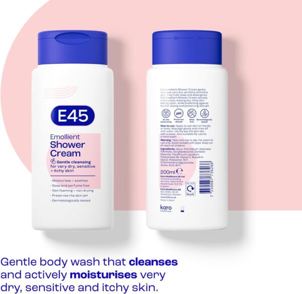E45 Shower Cream for Dry, Sensitive, and Itchy Skin - Moisturising Body Wash for Men and Women - Helps Maintain Skin pH - Suitable for Eczema and Dermatologically Tested - 200 ml