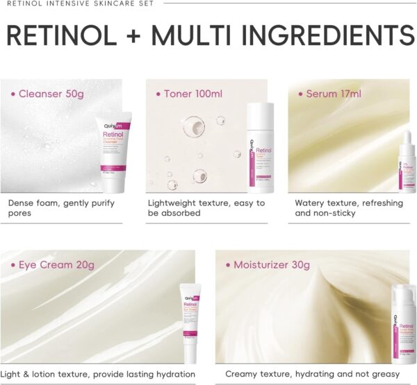 71gPf70VuDL._AC_SL1500_.jpg Quiyum Retinol Skincare Set, Anti Aging Skincare Routine Kit, Cleanser, Toner, Serum, Eye Cream, Face Cream, Pamper Gift Set for Women Mom Birthday, Hydrating & Radiant Travel Kit for All Skin Types