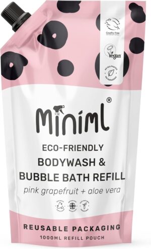 Miniml All Natural Body Wash and Bubble Bath - 1L Refill Moisturising Pink Grapefruit and Aloe Vera Sensitive Skin Eco Shower Gel Bath Soak Vegan Friendly High Foam