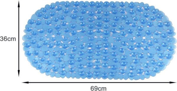 WELTRXE Bath Mat Non Slip Anti Mould for Inside Bath, Anti Slip Shower Mat, 69 x 36 cm Blue Oval Pebble PVC Bathtub Mat, Soft Comfortable Bath Mat with Suction Cups & Drainage Holes for Elderly Child