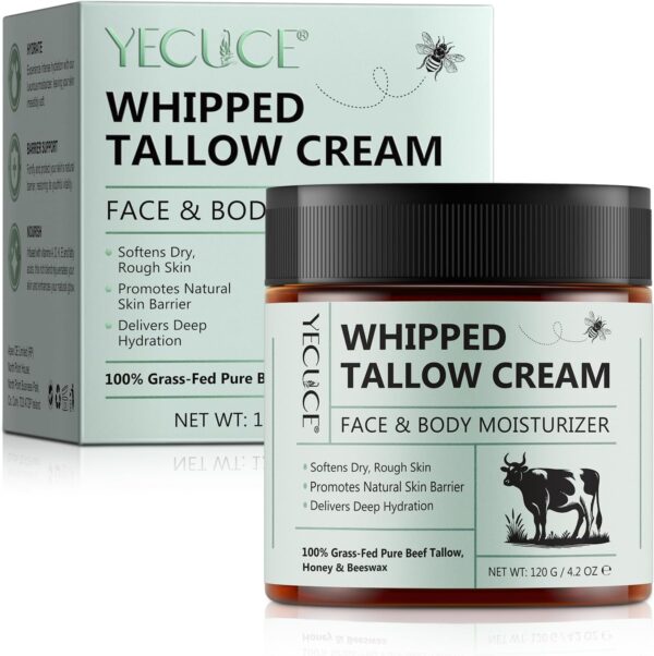 Beef Tallow Skin Care, Organic Beef Tallow Face Cream, Grass Fed Beef Tallow Moisturiser, Natural Beef Tallow for Skin, Whipped Tallow and Honey Balm for Dry Skin Deeply Nourishing for Face & Body