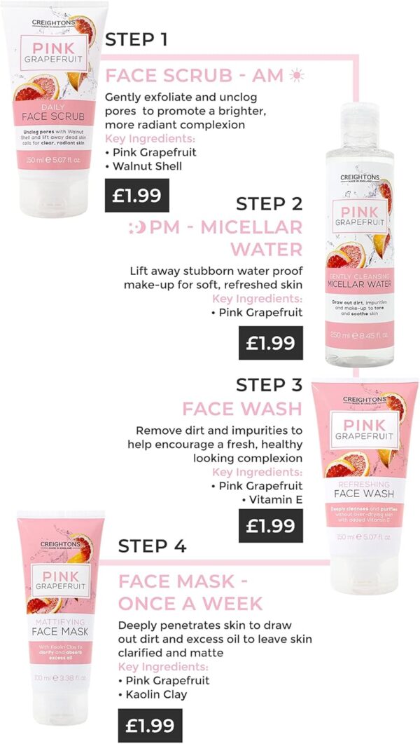 Creightons Pink Grapefruit Gently Cleansing Micellar Water (250ml) - Draws out dirt, impurities and make-up to tone and soothe skin, Dermatologically tested.