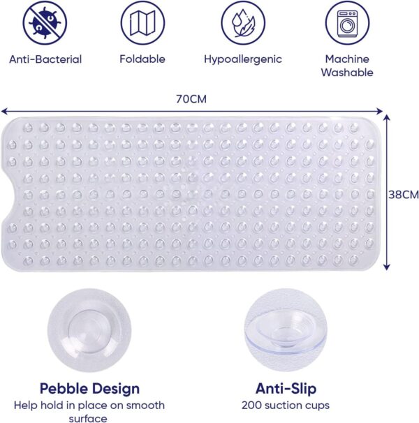 MOONLIGHT20015 Shower Bath Mat Non Slip Anti Mould & Mildew with Strong Suction Cups Grip and Drain Holes Soft Rubber Shower Mats - PVC Bathroom Mat Machine Washable (70x38cm, Clear)