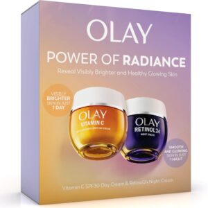 Olay Skincare Giftset: Vitamin C Anti-Dark Spot SPF 30 Face Moisturiser Day Cream 50ml + Retinol 24 Night Cream Face Moisturiser 50ml, for Glow, Brightening and Overnight Renewal