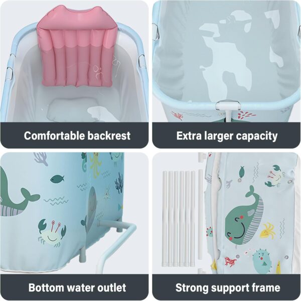 Warmiehomy Portable Foldable Bathtub for Adults,120X50X55cm Freestanding Soaking Bathtub with Cushion and Backrest,Hot Bath Ice Bath SPA Tub for Shower,Folding Bathtub for Adults Kids,Ocean Style