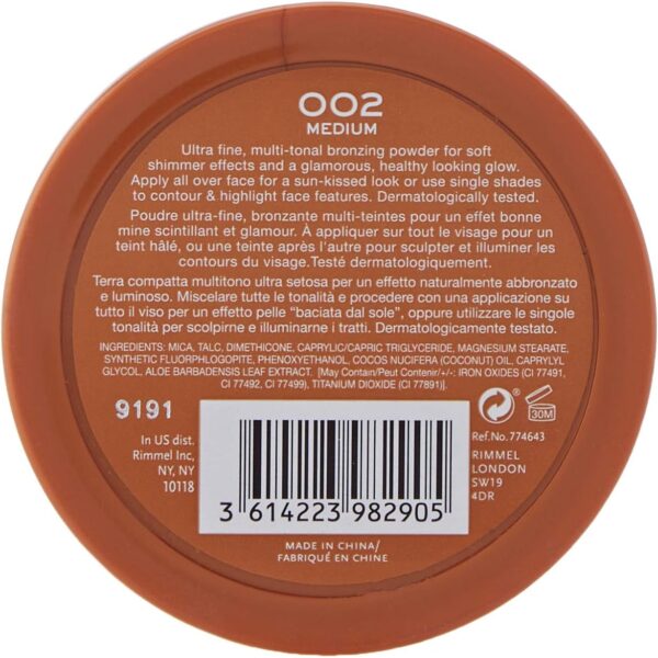 Rimmel London Radiance Shimmer Brick Pressed Bronzer, Light-As-Air Contouring Formula, 002 Medium, 12 g
