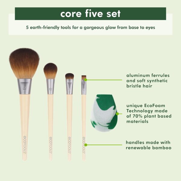 EcoTools Core Five Makeup Brush and Sponge Kit, For Eyeshadow, Blush, Bronzer, Eyeliner, & Foundation, Makeup Blending Sponge For Liquid & Cream Products, Vegan & Eco-Friendly Kit, 5 Piece Set