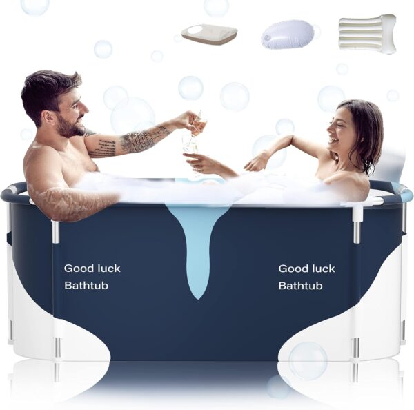140cm Extra Large Portable Foldable Bathtub with Metal Frame for Adult, Family SPA Soaking Tub with Cover for Small Bathroom, Thicken Multiple Layer Bathtub with Lid (Milk Style with Metal Frame)
