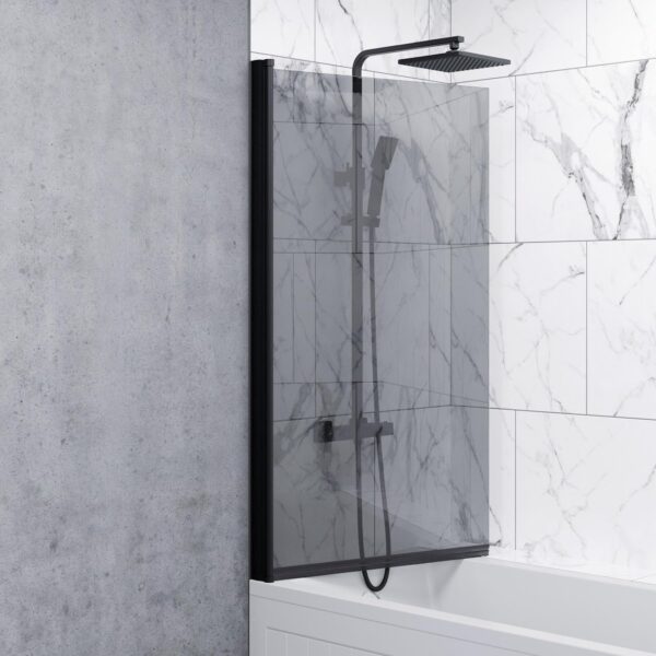 Luxura® 1400 x 800mm Black Tinted Over Bath Shower Screen Folding Hinged Door Glass Panels & Screens for Baths, Bathroom Frameless Square Design, 6mm Toughened Safety Glass, 180° Pivot