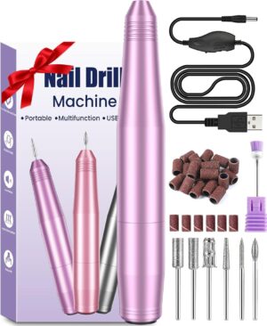 Electric Nail Files, Professional Nail Drill Machine, 20000RPM Adjustable Speed Manicure Pedicure Set with 6 Drill Bits, Low Vibration Low Noise Electric Nail Drill for Gel/Acrylic Nails for Beginner