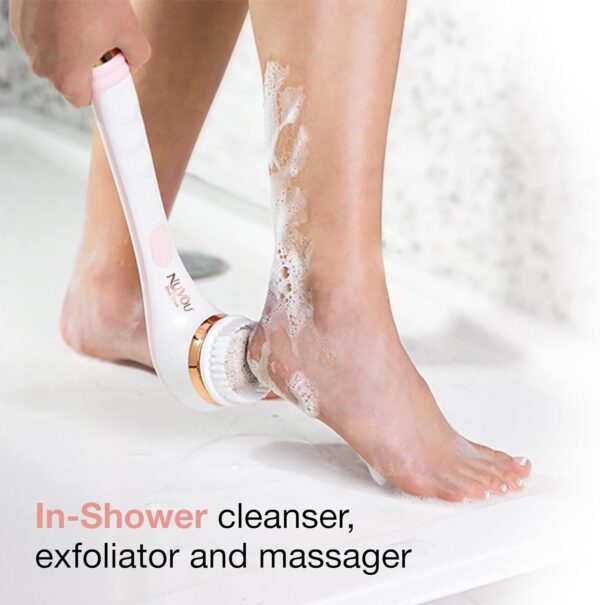 JML NuYou Electric Body Brush - Battery Silicone Body Scrubber with 4 Interchangeable Heads to Cleanse, Massage and Exfoliate - Foot and Back Scrubbers for use in Shower and Bath with Long Handle