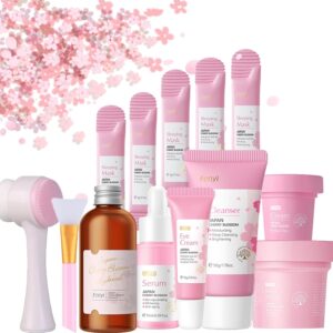 13pcs Skincare Gifts Set For Teenage Girls,Cherry Blossom Skincare Sets,High Moisturize Pure Plant Extract Skin Care Sets & Kits with Cleanser, Hydrosol,Serum,Cream,Eye Cream,Mask,Lip Mask,Mud Mask