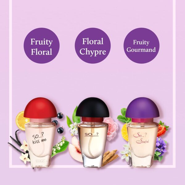 SO…? Three For Me Premium Womens Perfume Gift Set, Kiss Me, Sinful, SO...?, Eau De Toilette with Long Lasting Fragrance - Travel Size Mini Perfume for Girls, Ladies Gift Sets (3 x 15ml)