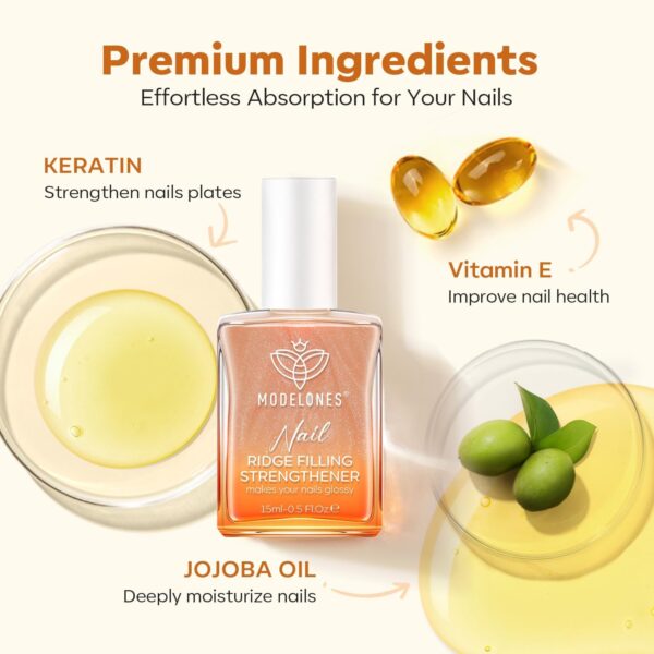 Modelones Nail Care 8 in one Ridge Filling Strengthener Treatment, Nail Polish Strengthener for Damaged and Weak Nails, Nail Hardener Extra Strong and Growth Smoothing Glitter Nude Nail Varnish 15ml