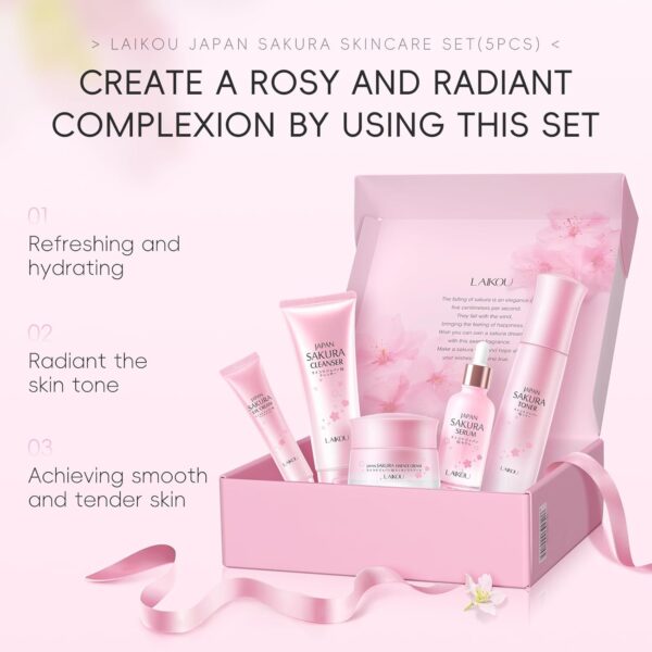 LAIKOU Sakura Skincare Gift Set, Luxury Glass Bottle Skincare Kit for Women Teenage Girls, Cleanser, Toner, Serum, Eye Cream & Moisturizer, Pamper Gifts for Women, Birthday Christmas Gift