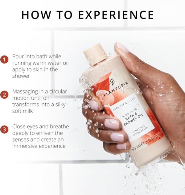 Plantopia Bath Oil & Shower Oil - Moisturising & Radiance Boosting - Energising Ginseng & Lemongrass - Aromatherapy Essential Oil Blend - Vegan Cruelty Free, 100ml