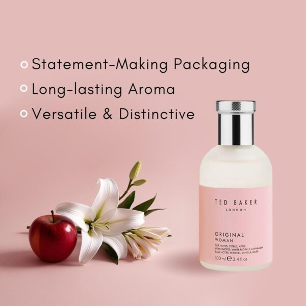 Ted Baker Woman Pink EDT, floral green feminine fragrance, opening notes are fresh peach, bergamont and tangerine with warm musk, vanilla and vetiver base notes, 100ml