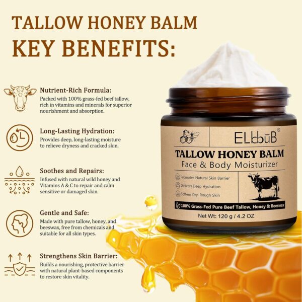 120g beef tallow, beef tallow skin care, Tallow and Honey Cream, Natural Tallow Face Moisturizer, Organic Hydrating Beef Tallow Balm Deeply Moisturizing for Face & Body Skin Care.