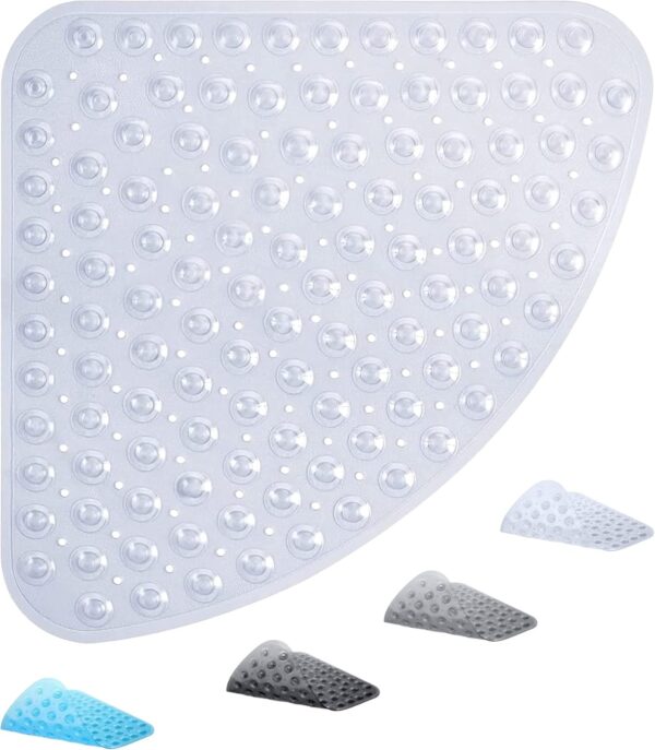 ADOV Corner Shower Mat, 54x54cm Curved Non Slip Anti-Mould Bath Mat, Quadrant Rubber Mat for Inside Shower Bathroom Floor, Machine Washable Sector Shower Mats with Strong Quick Dry Suction Cups- Clear