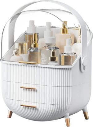 Warmiehomy Multi-Function Make Up Case Dustproof Cosmetic Storage Box, Organizer Skin Care Products Jewelry Organizer skin care organiser for Bedroom Bathroom Desktop (White)