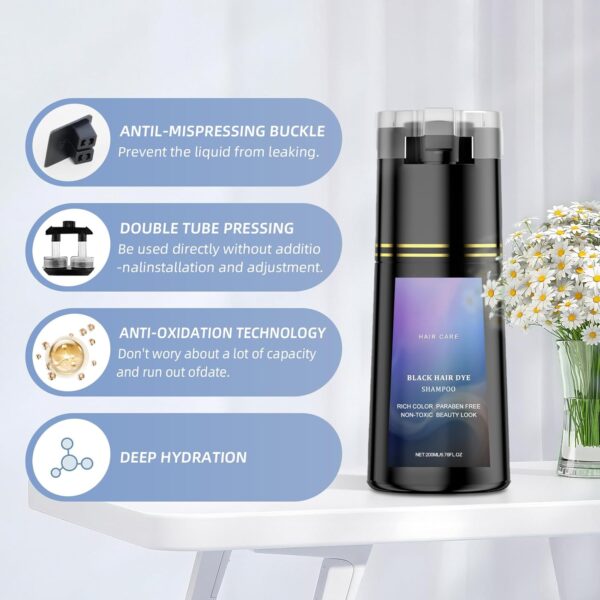 Hair Dye Shampoo, Instant Natural Hair Color for Gray Hair Coverage, Haircare & Color Treatment for Women & Men, Long-Lasting Gray Coverage Shampoo for All Hair Types (Black, 200ML)