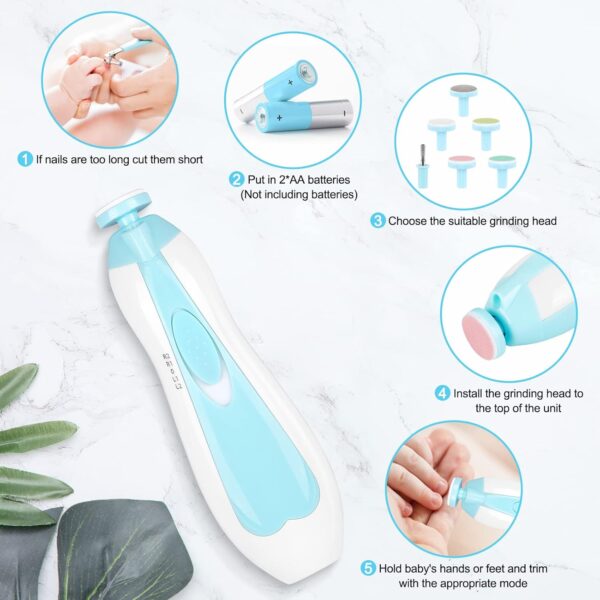 Baby Electric Nail File, 8 in 1 Safe Baby Nail Trimmer, Baby Nail Clippers with 6 Grinding Heads and Light, Baby Nail Care Kit for All Ages (Blue1)