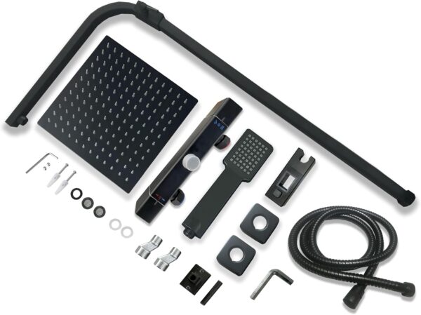 71l4ucKQRsL._AC_SL1500_.jpg Biubiubath Thermostatic Mixer Shower Set, Anti-Scald Exposed Thermostatic Shower Valve,Height Adjustable Shower Mixer Set,Square Handheld & 10 inches (250mm) Overhead Rainfall Shower,Matt Black
