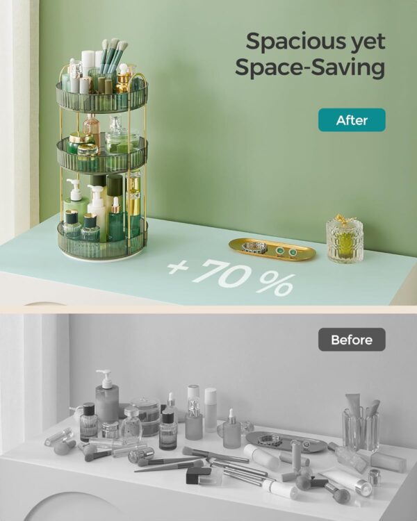 SONGMICS Makeup Organiser Rotating, 3-Tier Round Skincare Organiser, Customisable, Toiletries Cosmetics Organiser, Gift, Pale Green JKA011C01