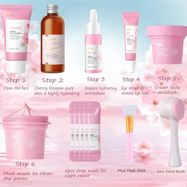 13pcs Skincare Gifts Set For Teenage Girls,Cherry Blossom Skincare Sets,High Moisturize Pure Plant Extract Skin Care Sets & Kits with Cleanser, Hydrosol,Serum,Cream,Eye Cream,Mask,Lip Mask,Mud Mask