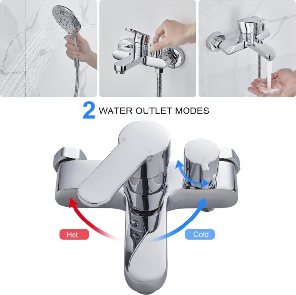 KINKIBOS Wall Mounted Bath Mixer Tap with 3-Spray Handheld Shower Head, Newly Upgraded Diverter, Bathroom Bath Shower Filler Tap, Single Lever Bath Shower Mixer, Solid Brass Chrome