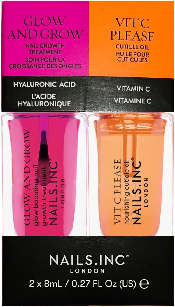 Nails.INC Mini Nail Treatment Duo, Includes Glow and Grow Nail Growth Treatment and Vit C Please Nourishing Cuticle Oil, With Active Skincare Ingredients to Promote Nail Health, Cruelty Free, Vegan