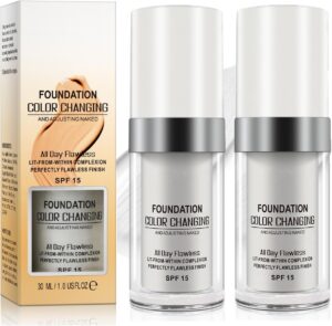 2PC Colour Changing Foundation, Warm Skin Tone Foundation, Face Cover Concealer Cream, Moisturizing Liquid Foundation Makeup Base, Waterproof Poreless Foundation SPF15
