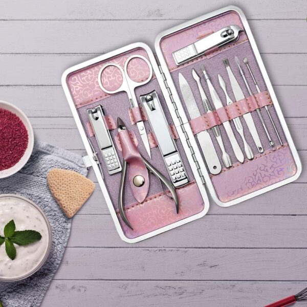 Glamne Manicure Pedicure Set Tools Professional Stainless Steel Nail Care Kits with Holographic Travel Case(Pink)
