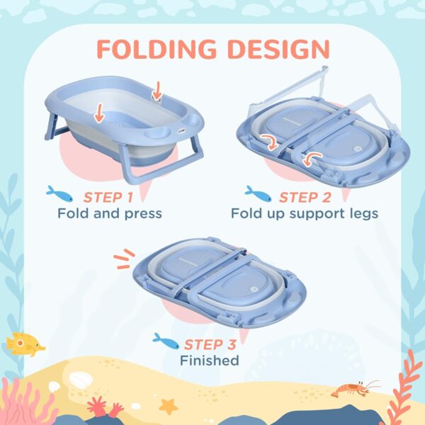 ZONEKIZ Foldable Baby Bath Tub Set, Collapsible Bathtub Antibacterial with Non-Slip Support, Cushion Pad, Shower Head Holder, for Newborn to Toddler Ages 0-6 Years - Blue
