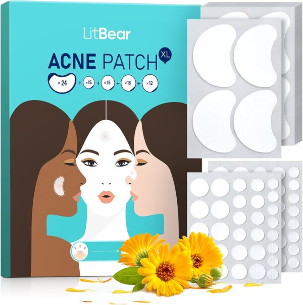 71mAK-EjGnL._AC_SL1500_.jpg LitBear 84 Patches 5 Size Acne Patches Large, Hydrocolloid Pimple Patches for Large Breakouts, Zit and Blemish, Large Acne Patches for Face, Chin, Back and Body with Tea Tree Oil