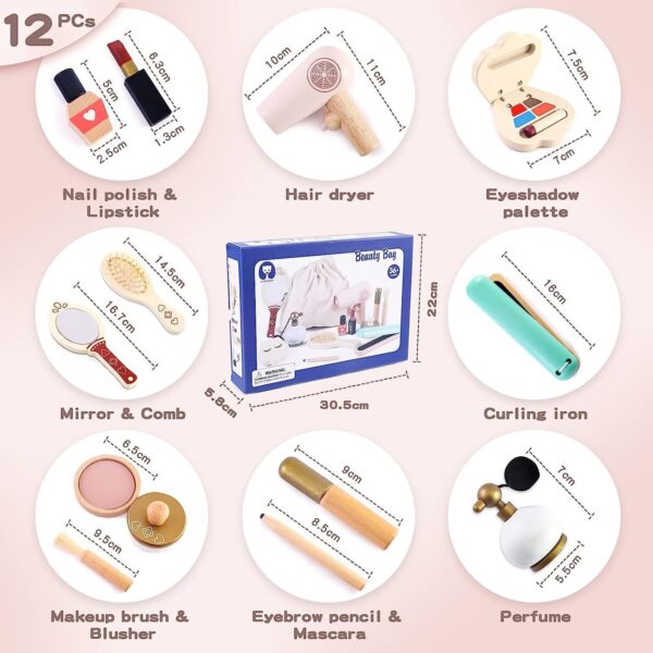 Pretend Makeup Sets Montessori Wooden Toy Kit Pretend Makeup Play Dress Up Kit for Toddler Children & Little Girls Fake Makeup Cosmetic with Hair Dryer, Mirror, Perfume Gifts Ages 3 +