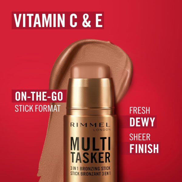 71mSxjEQMJL._AC_SL1500_.jpg Rimmel Multi Tasker 3 in 1 Bronzing Stick, 002 Medium, Sculpted and Bronzed Glow, All-Day Wear, Sheer and Dewy Finish, Infused with Vitamin C & E, Vegan Formula, Cruelty-Free