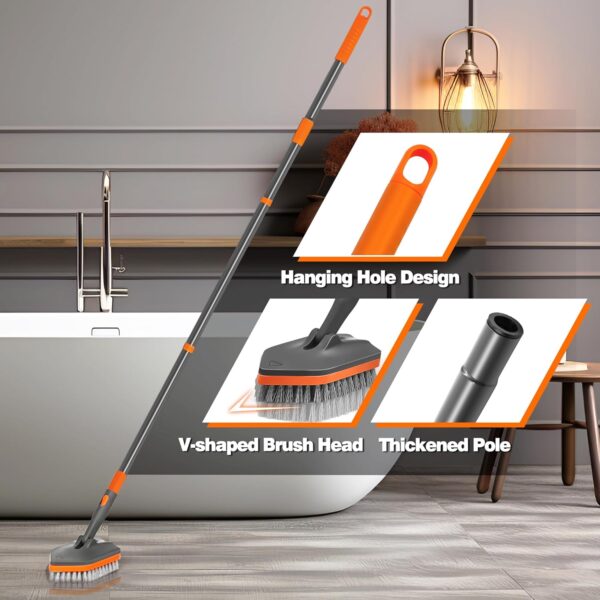 NEWE Shower Cleaning Brush, Tub Tile Cleaner Scrubber with Telescopic Long Handle 142 cm, 4 Scrub Heads for Bathroom Bathtub Floor Baseboard Sink Kitchen Toilet
