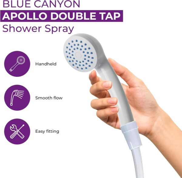 71mgRspdSNL._AC_SL1500_.jpg Blue Canyon Apollo Shower Spray| Bathroom Accessory| Premium Shower Attachment for Bath taps| Push-on-Fitting,| Suitable for Round & Oval Taps Upto 3cm| Shower Head for Bath| 1.2 Meters| (White)