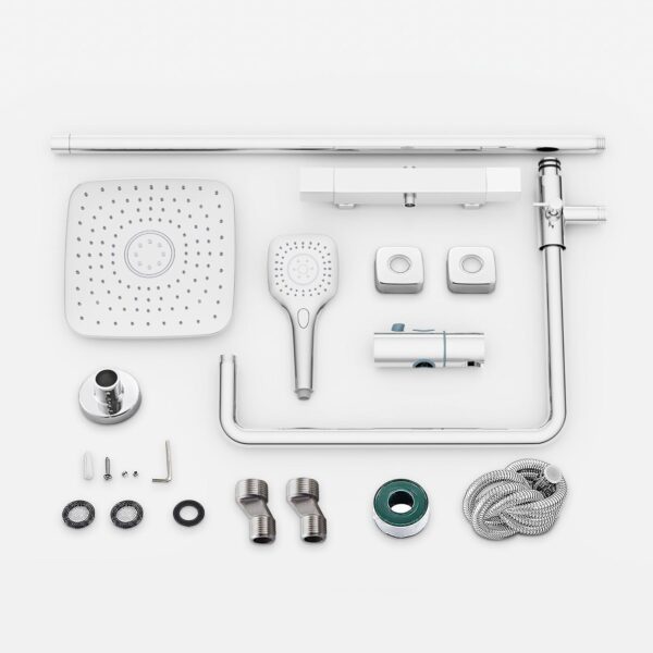 PURAGEIR Shower Mixer Set, Thermostatic Shower Set with 3 Functions Hand Shower, Shower Bar Set with Adjustable 8'' Overhead Rainfall Shower,Square Shape,Chrome