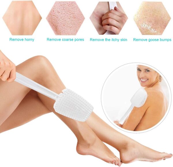 Mczcent Body Brush Dry Brushing Back Scrubber with Curved Plastic Long Handle Bath Shower Brush Dry Skin Exfoliating Cellulite Brush for men and women(Transparent Handle), XL