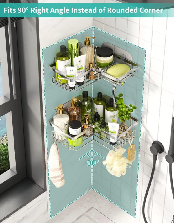 HapiRm Shower Caddy Shower Corner Shelves with 11 Hooks, Shower Organiser for Razor soap and shampoo, Bathroom Storage & Kitchen Storage Bath Accessories Stainless Steel, 6 Sticker, 2 pcs